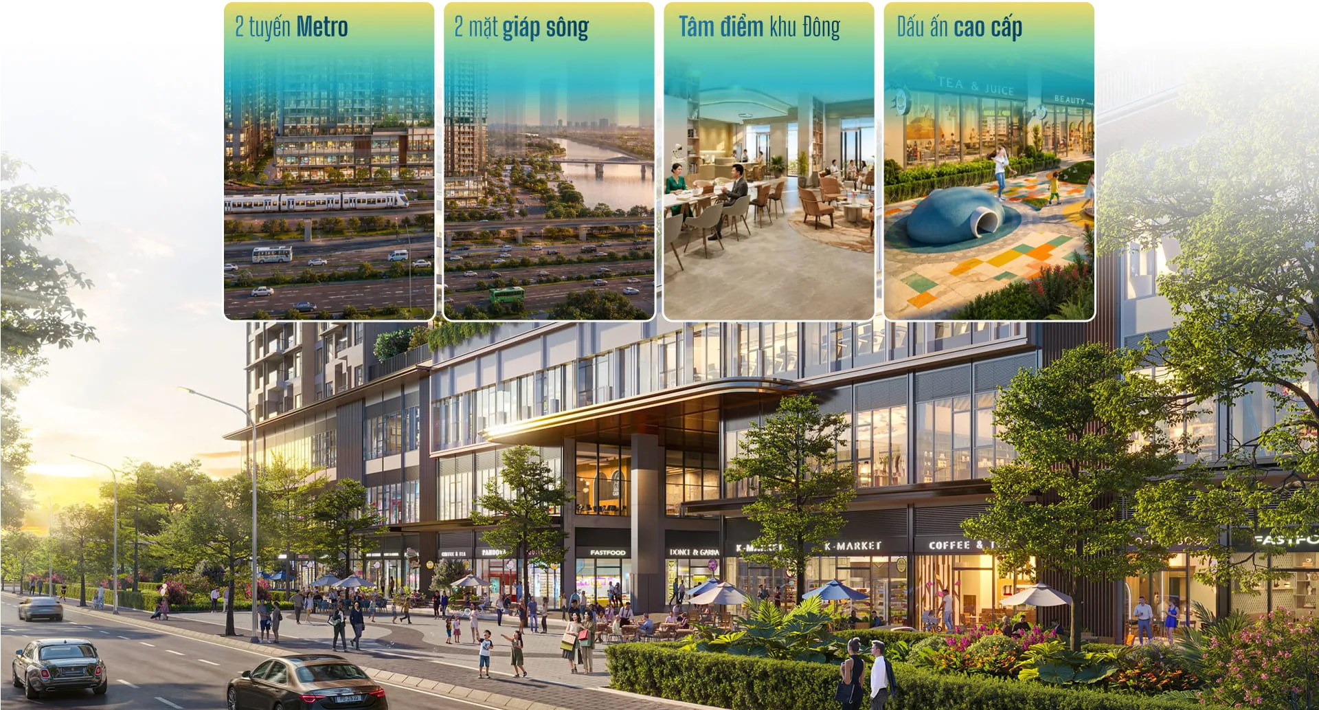 Bốn điểm nhấn vị trí Imperia Sensa Park gồm kết nối Metro, hai mặt giáp sông, tâm điểm khu Đông và khối đế thương mại dự án
