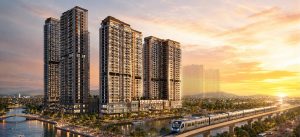 Phối cảnh cụm căn hộ cao tầng Imperia Sensa Park nhìn từ phía sông với tuyến metro chạy phía trước