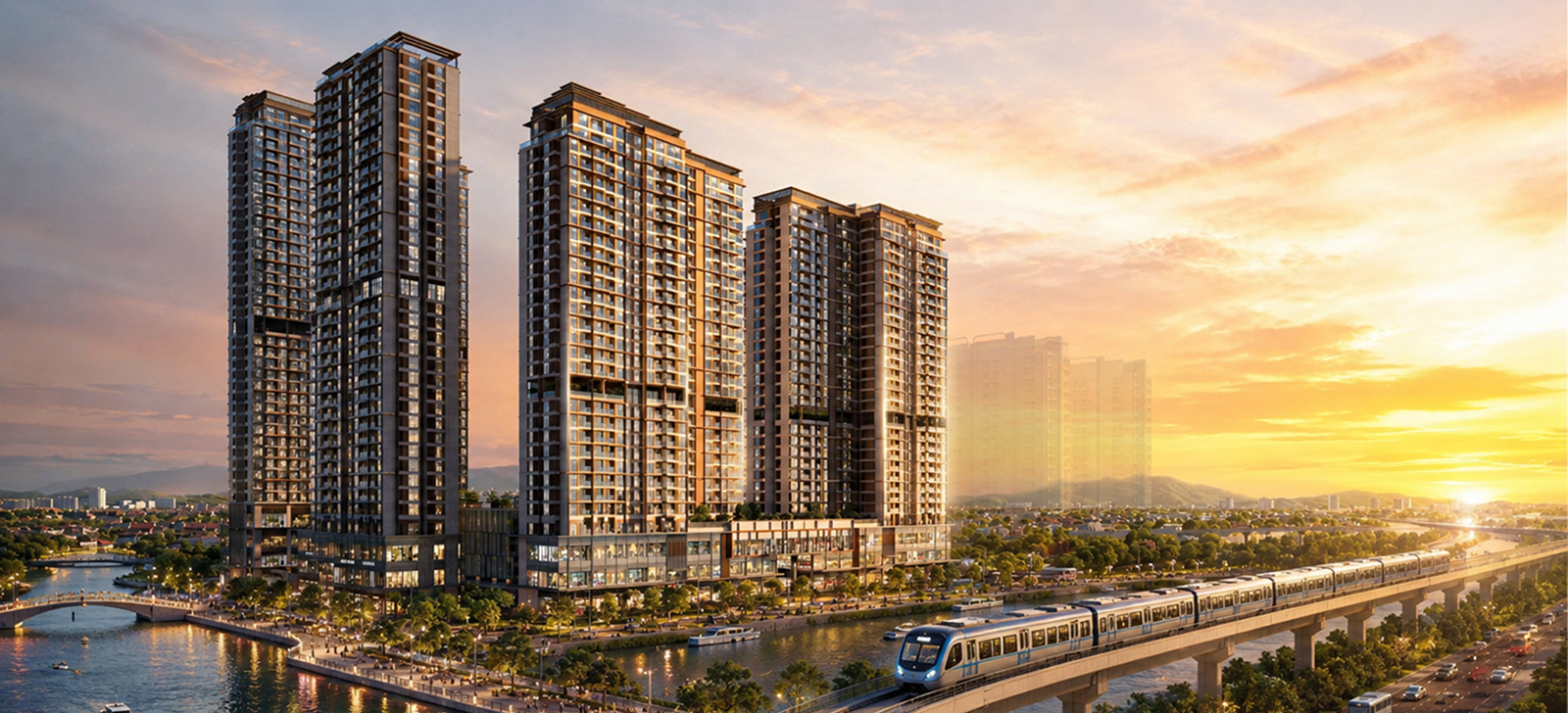 Tiềm năng từ vị trí Imperia Sensa Park giữa khu Đông TP.HCM 3 Phối cảnh cụm căn hộ cao tầng Imperia Sensa Park nhìn từ phía sông với tuyến metro chạy phía trước
