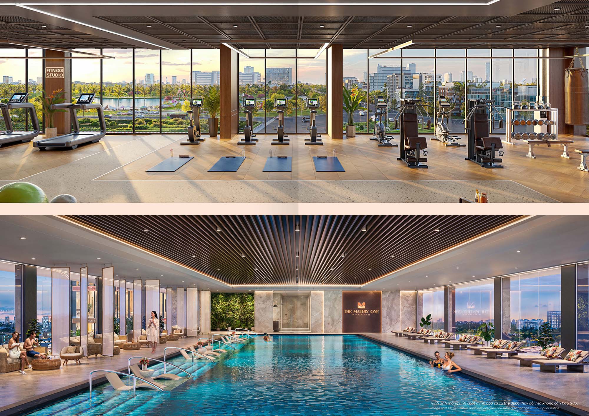 Phối cảnh phòng gym và hồ bơi trong nhà minh họa tiện ích căn hộ view thành phố
