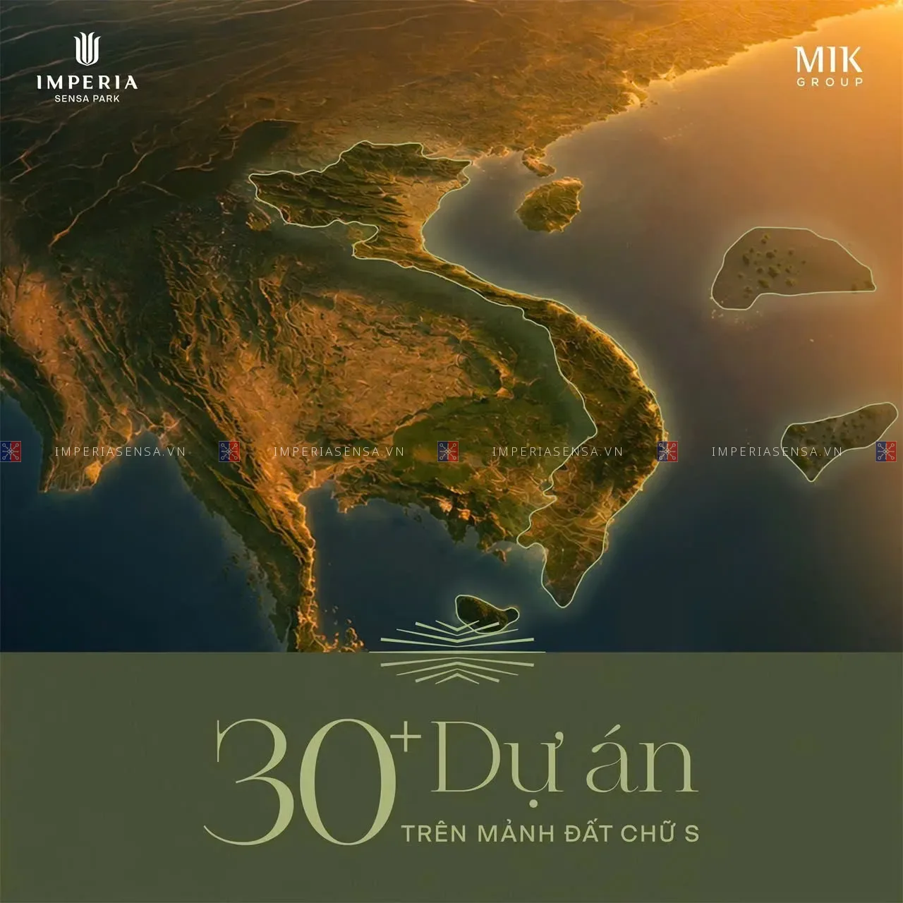 Bản đồ hình chữ S minh họa hơn 30 dự án của MIK Group trải dài Bắc Nam, liên quan Imperia Sensa Park