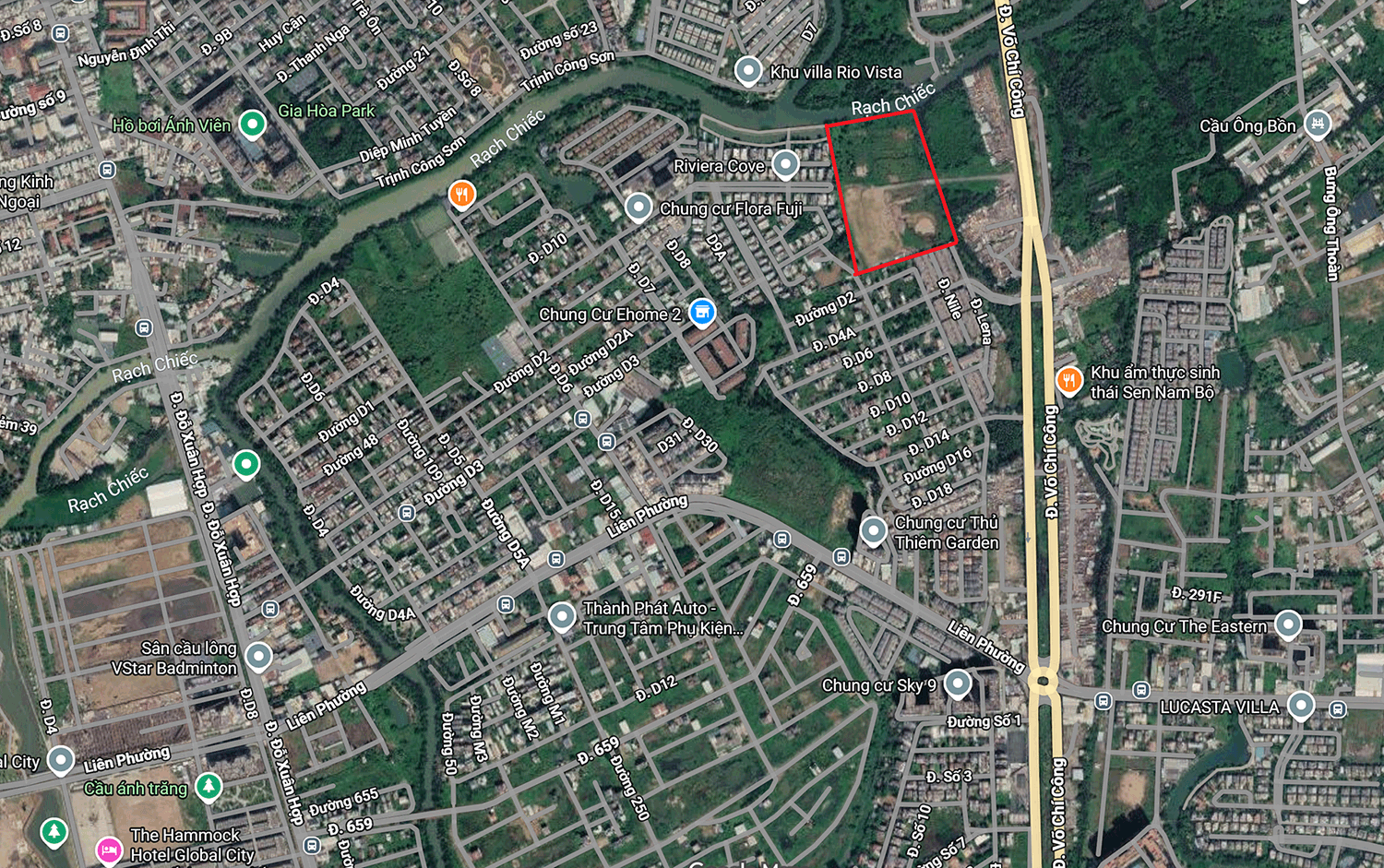 Metro số 6 lộ diện 2 ga ngầm, khu Imperia Sensa Park hưởng lợi 1 Bản đồ vệ tinh khu đất dự án gần Rạch Chiếc và đường Liên Phường, khu Đông TP.HCM