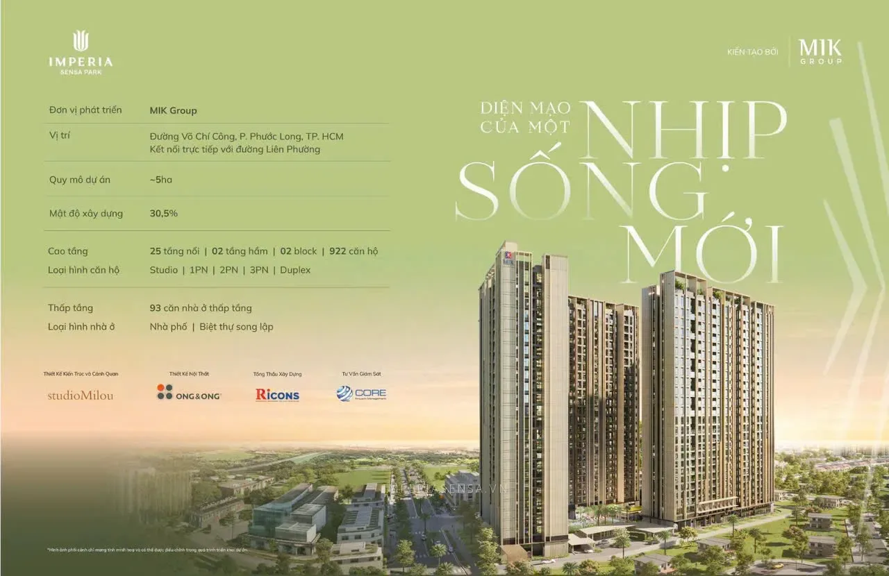 Bảng thông số tổng quan và phối cảnh tòa căn hộ dự án Imperia Sensa Park do MIK Group phát triển