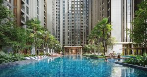 Hồ bơi và khu vực cảnh quan tiện ích Imperia Sensa Park giữa các tòa tháp căn hộ