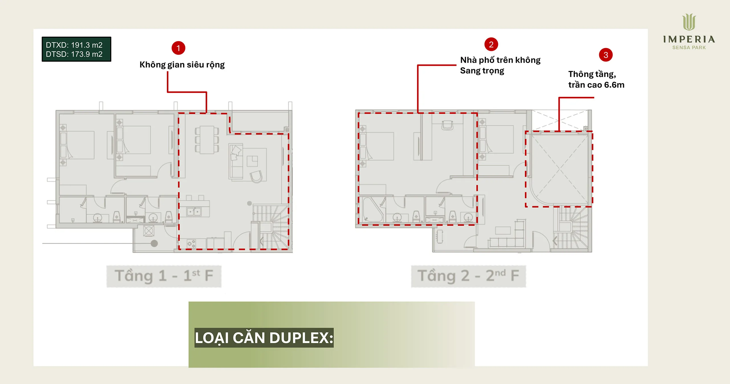 Layout căn Duplex thông tầng trần cao 6,6m tại Imperia Sensa Park