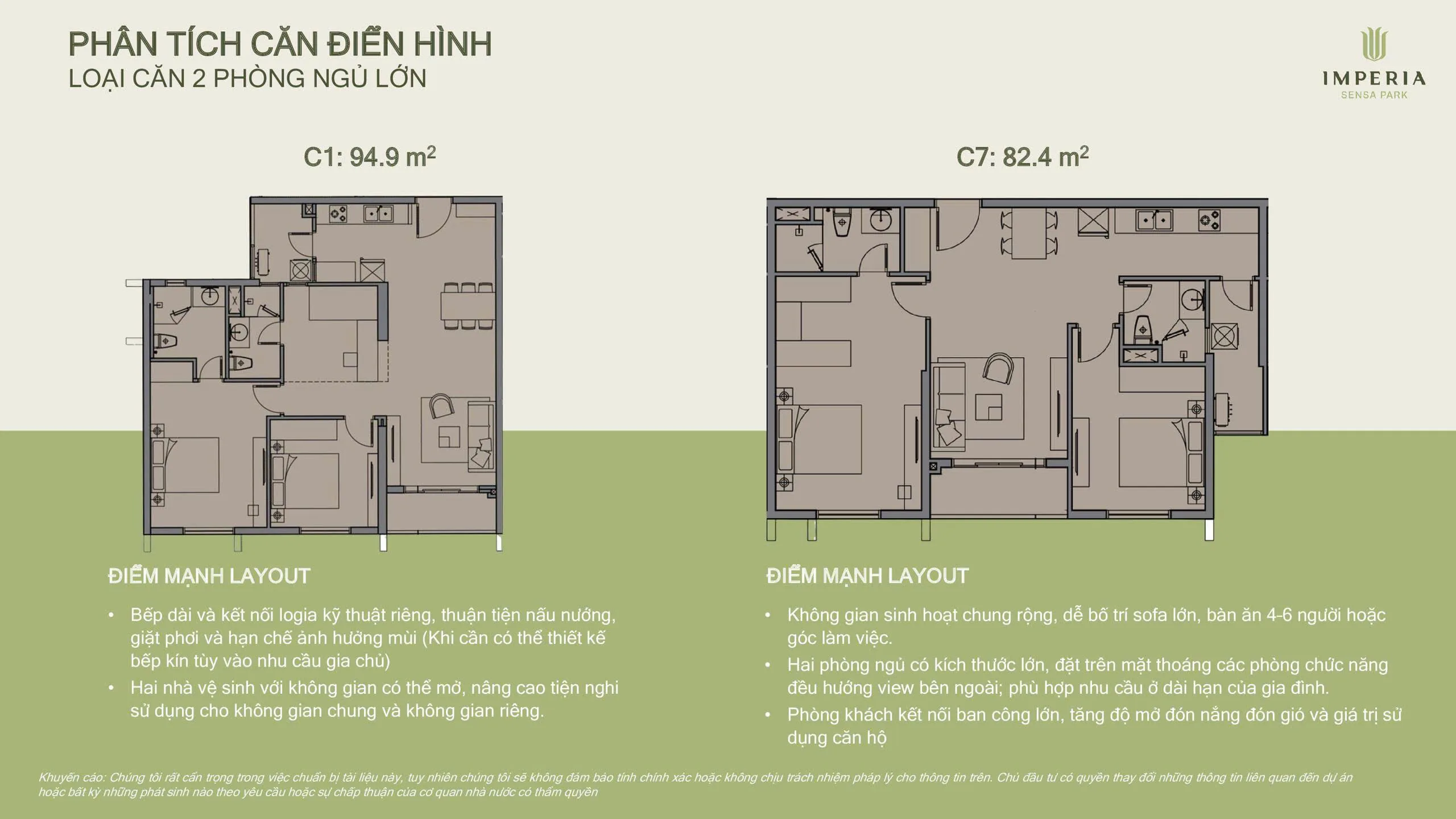Layout căn hộ 2 phòng ngủ lớn mẫu C1 94,9m2 và C7 82,4m2