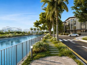 Lối đi bộ ven kênh và khu thấp tầng The Sensa Villa tại Imperia Sensa Park