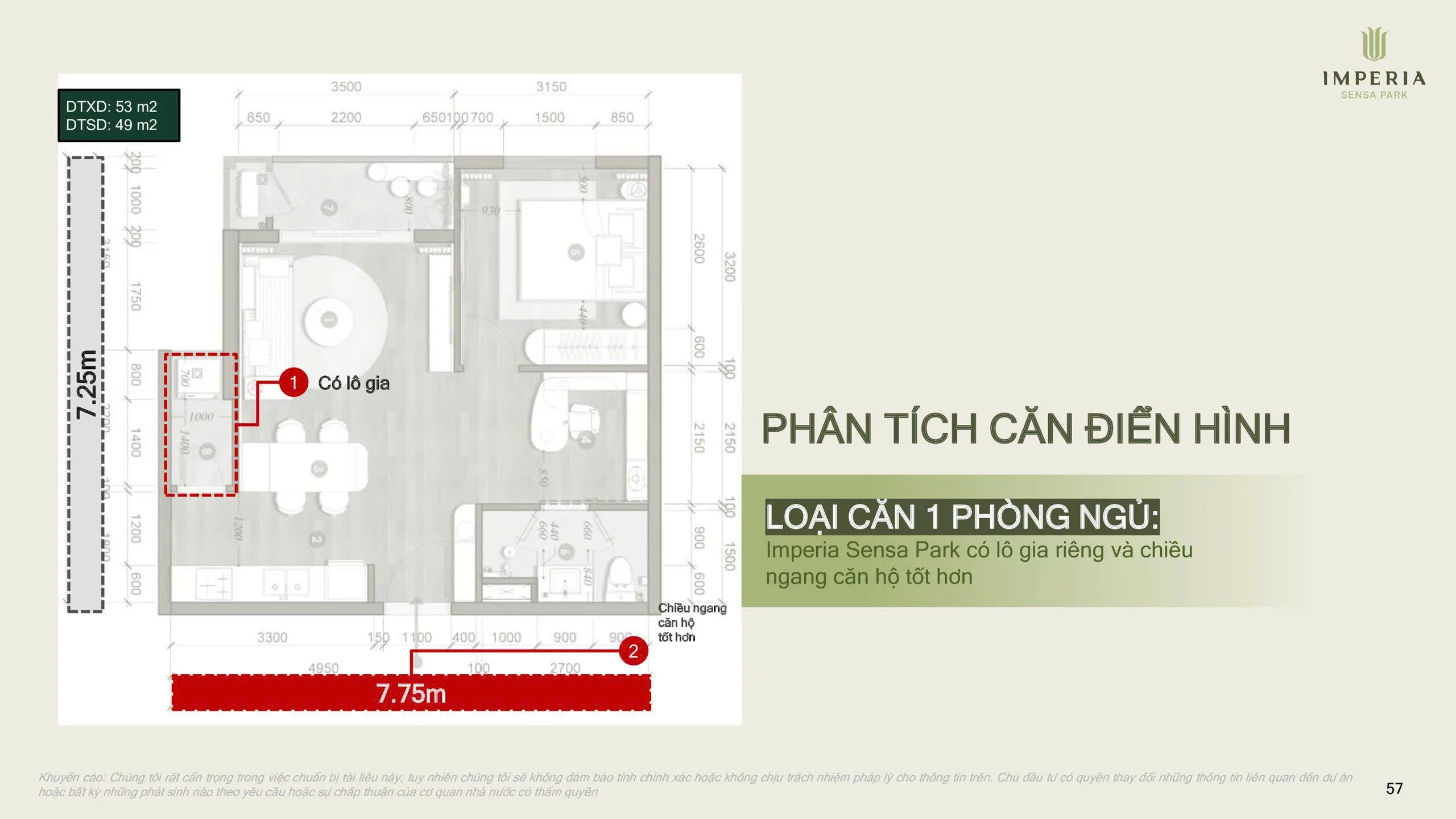 Mặt bằng căn hộ 1 phòng ngủ chiều ngang 7,75m có lô gia riêng