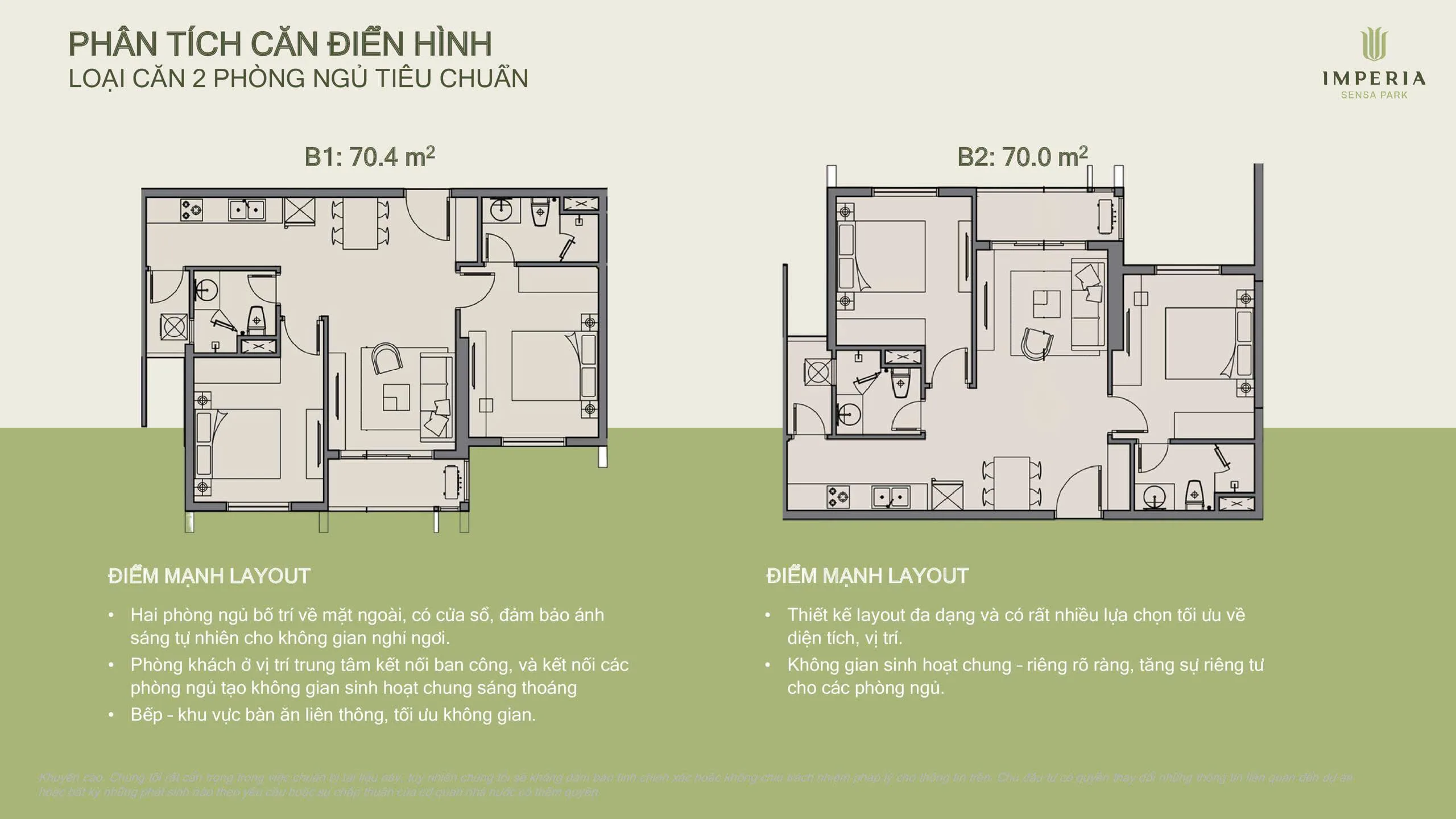 Mặt bằng căn hộ 2 phòng ngủ tiêu chuẩn mẫu B1 và B2 khoảng 70m2