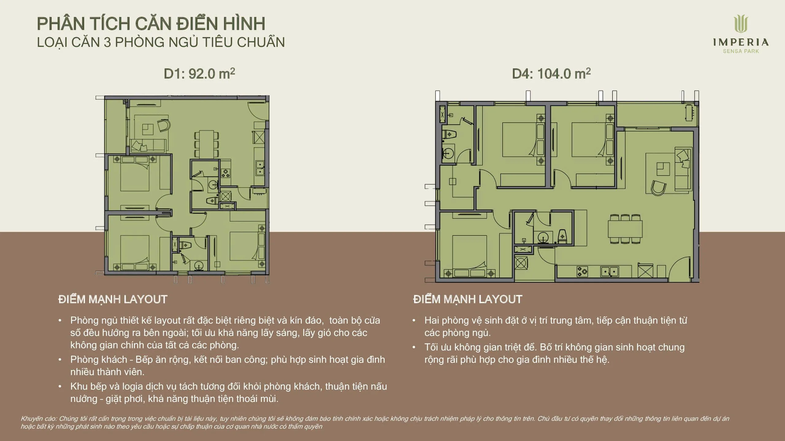 Mặt bằng căn hộ 3 phòng ngủ tiêu chuẩn D1 92m2 và D4 104m2