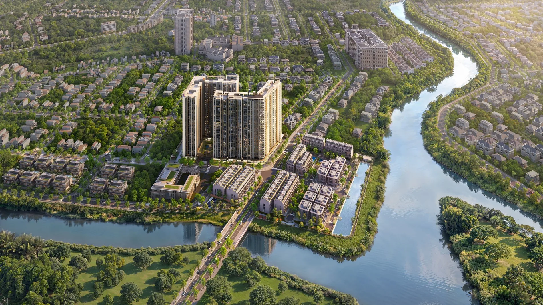 Phối cảnh dự án Imperia Sensa Park của MIK Group nằm cạnh sông, kết nối trục Võ Chí Công tại khu Đông TP.HCM
