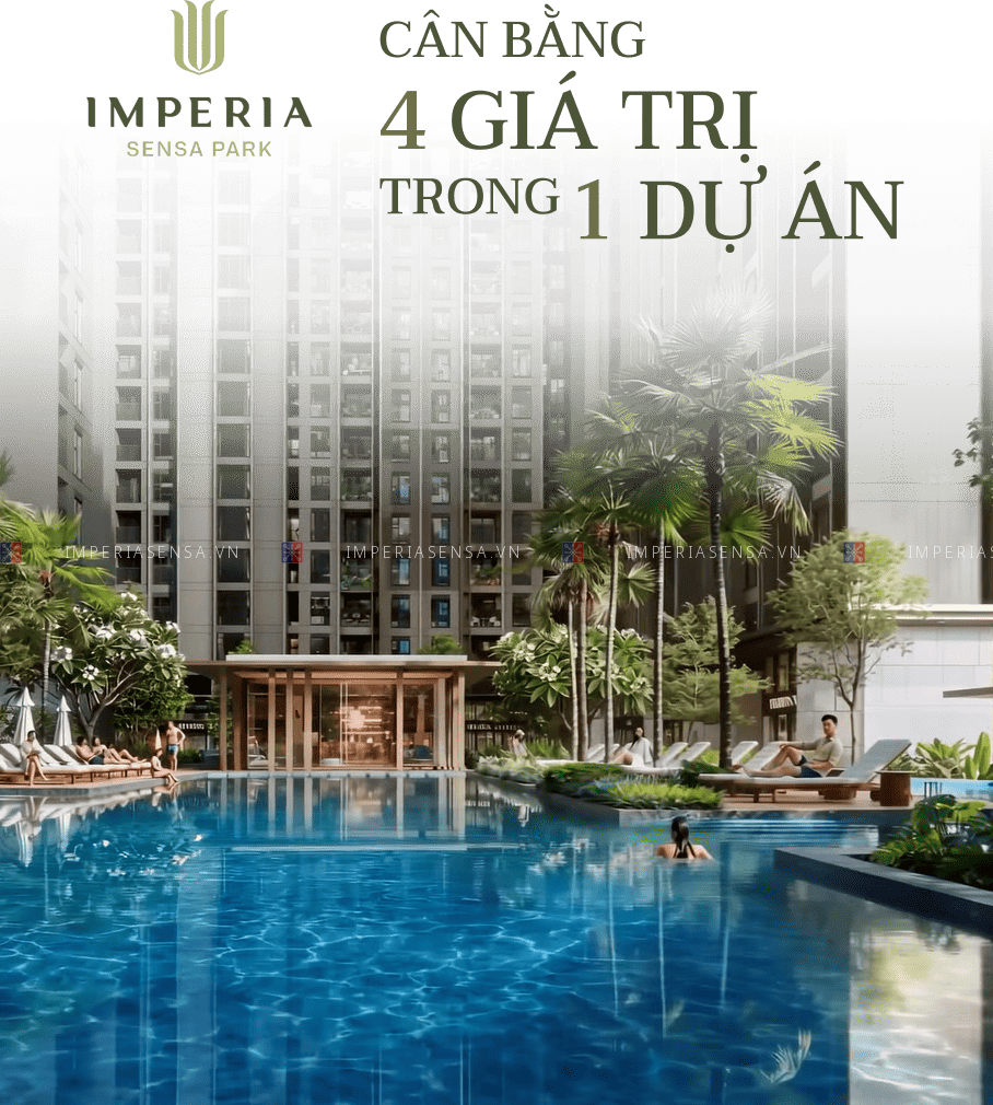 Căn hộ Imperia Sensa Park giá từ 88 triệu/m² khu Đông TP.HCM 4 Phối cảnh khu hồ bơi, cây xanh nội khu căn hộ Imperia Sensa Park với các tòa tháp phía sau