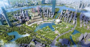 Phối cảnh khu đô thị Thủ Thiêm nhìn từ trên cao với sông nước và mảng xanh bao quanh khu Đông TP.HCM