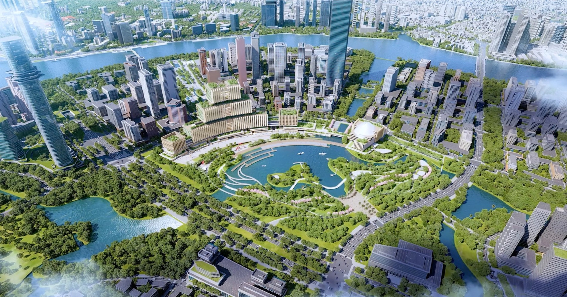 Phối cảnh khu đô thị Thủ Thiêm nhìn từ trên cao với sông nước và mảng xanh bao quanh khu Đông TP.HCM