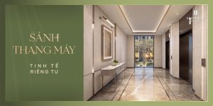 Sảnh thang máy Imperia Sensa Park với tông màu trầm ấm, đá marble và cửa kính nhìn ra cây xanh