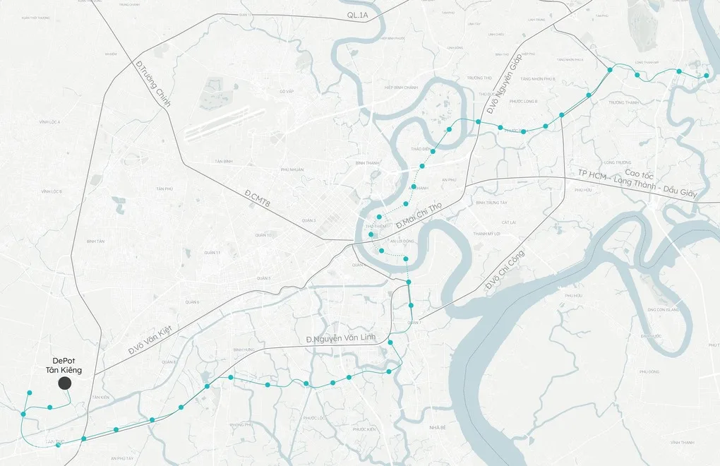 Sơ đồ hướng tuyến metro số 7 theo quy hoạch trước khi điều chỉnh qua Thủ Thiêm