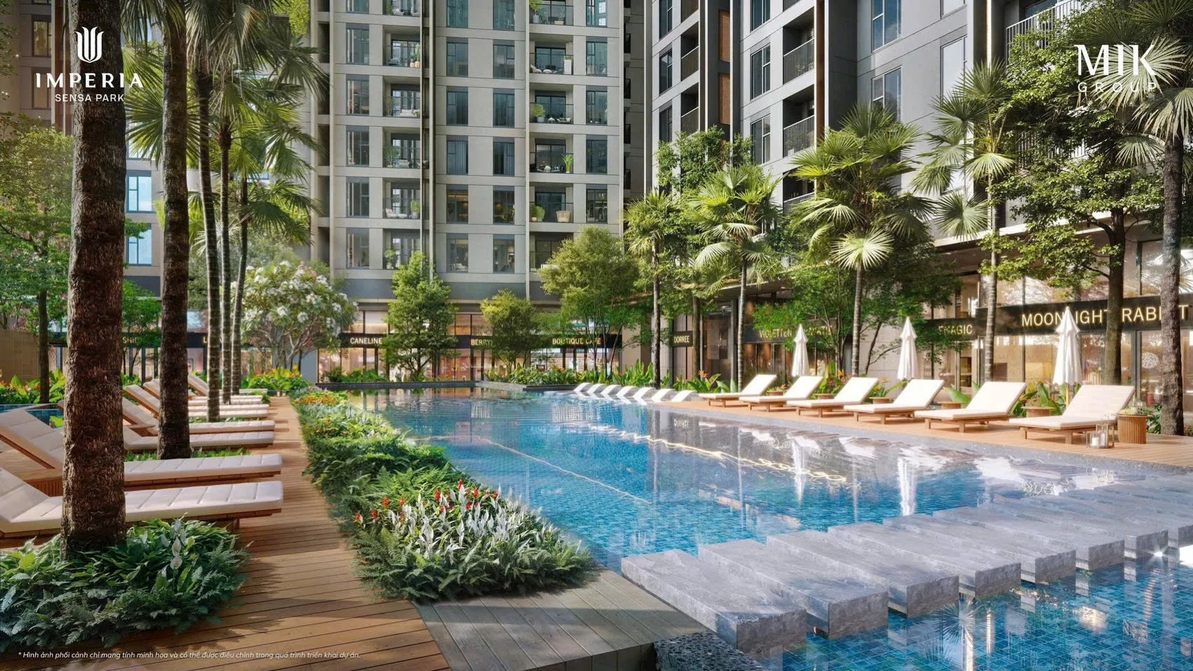 Hồ bơi dài lát gỗ ven các tòa tháp cao tầng tại tiện ích Imperia Sensa Park