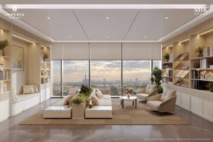 Phòng khách căn hộ mẫu Imperia Sensa Park nhìn ra skyline thành phố qua vách kính lớn