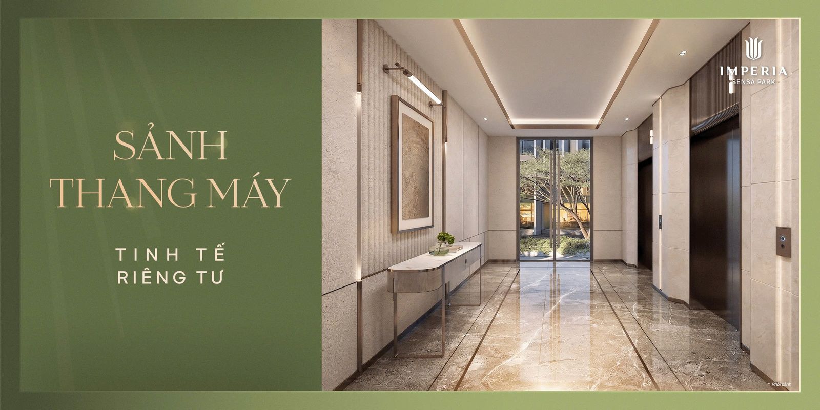 Sảnh thang máy Imperia Sensa Park với tông màu trầm ấm, đá marble và cửa kính nhìn ra cây xanh
